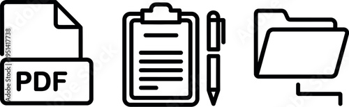 Digital document management and organization icons featuring pdf, clipboard, and folder symbols in a clean outline style