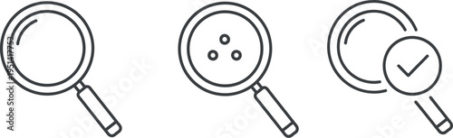 Outline magnifying glass icons representing search, filter, and completion states, essential for user interface design.