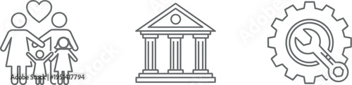 Line art icons illustrating family, legal or financial institutions, and engineering or technical support concepts