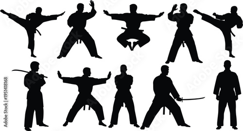 Karate martial arts fighter silhouettes combat training kick pose black silhouette collection isolated background sport self defense concept
