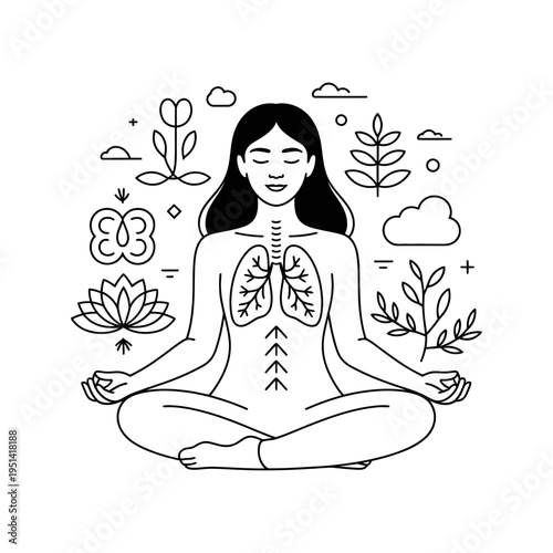 A woman meditates in lotus position with lungs and plants around her