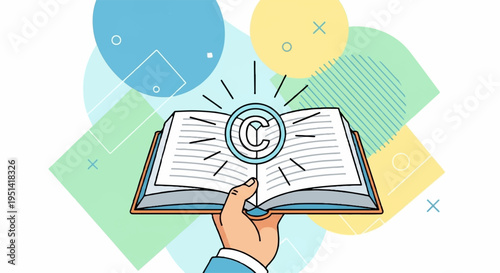 Hand holding book with magnifying glass and copyright symbol on colorful geometric background