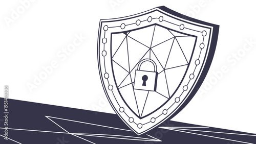 A vector graphic illustration of a shield with a padlock and geometric design, symbolizing security and protection.
