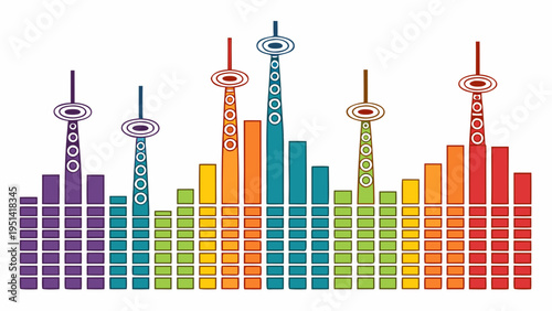 A colorful vector graphic illustration of a sound wave or audio frequency chart with a flat design