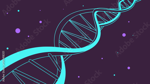 A stylized illustration of a DNA double helix structure in a vibrant teal color against a dark purple background with scattered dots.