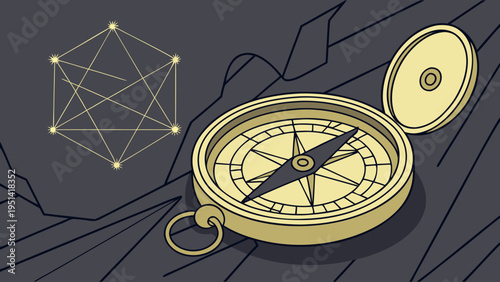 A vector graphic illustration of a gold compass with a starry geometric shape on a dark background
