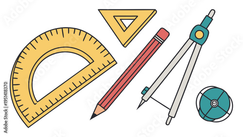 A colorful illustration of various school stationery items, including a ruler, protractor, pencil, eraser, and compass.