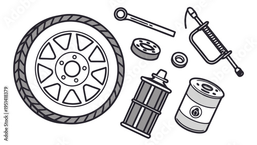 A set of motorcycle parts and tools in a flat, minimalist vector illustration style