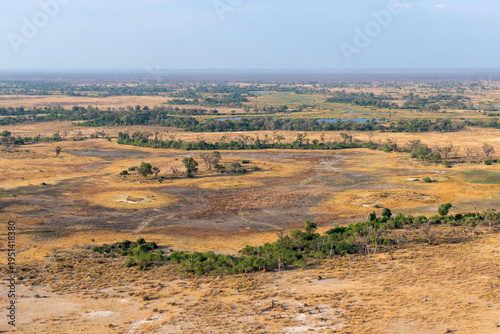 An aerial shot of a rather dry wetland in Okavango delta during an evening near Maun, Botswana