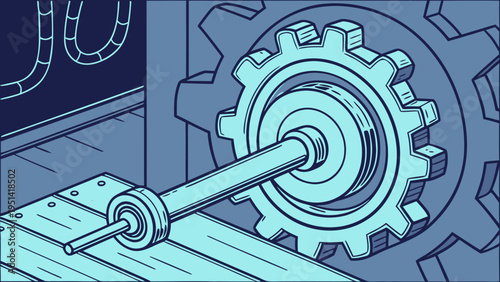 A blue vector graphic illustration of a gear and cog machine part in a mechanical setting