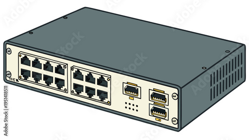 A vector graphic illustration of a network switch with multiple Ethernet ports