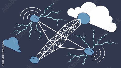 A vector graphic illustration of a transmission tower with lightning strikes and clouds