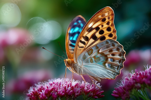 A colorful butterfly with iridescent blue and orange wings rests on a pink flower