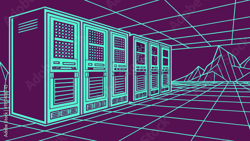 A futuristic illustration of computer servers in a virtual reality environment with a purple and blue grid background