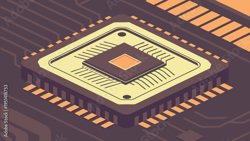 A vector graphic illustration of a microchip on a circuit board with a modern design