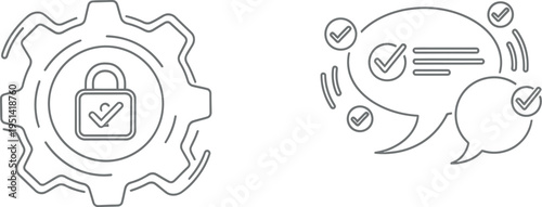 Secure settings and verified communication concepts depicted as outline icons on white background.