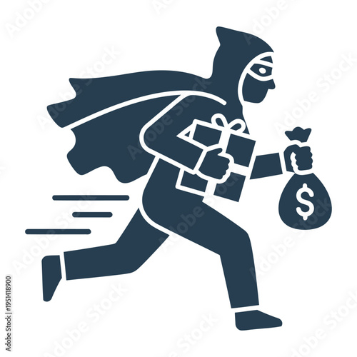 Vector of a masked thief running with a money bag and gift box