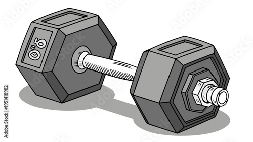 A vector graphic illustration of a dumbbell with a gray and white design