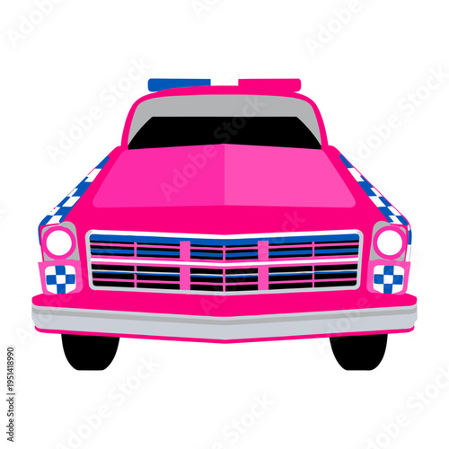 Bright pink vector police car with blue checkered pattern and lights on the roof