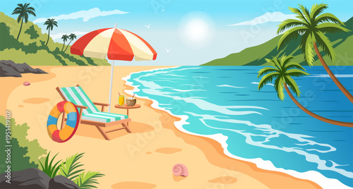 Tropical beach scene with chair, umbrella and drinks in cartoon style on sunny seascape background symbolizing vacation relaxation. Vector illustration
