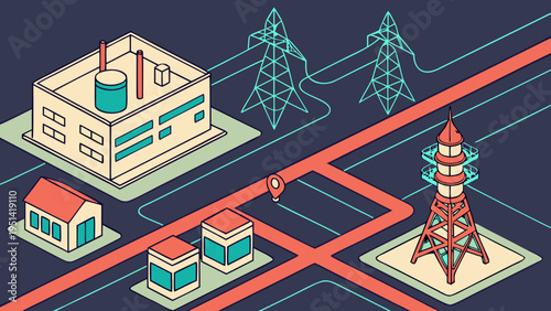 A vector graphic illustration of a city infrastructure with buildings, power lines, and a communication tower