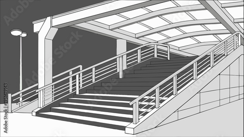 A black and white vector illustration of a staircase with a metal railing and a streetlight