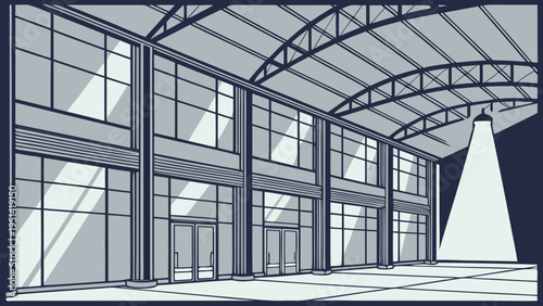 A modern industrial building with a large glass facade and metal beams, featuring a sleek and minimalist architectural design