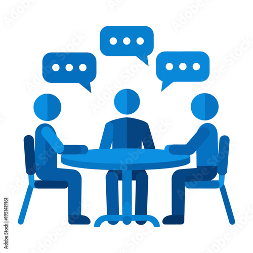 Three people sitting around a table in a vector discussing and communicating with speech bubbles