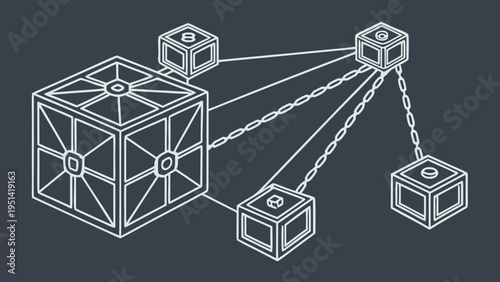 A vector graphic illustration of a large cube connected to smaller cubes with chains and lines, representing a network or blockchain concept.