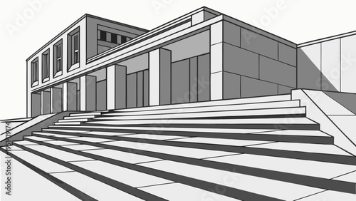 A modern building with a large staircase and columns in a minimalist architectural style
