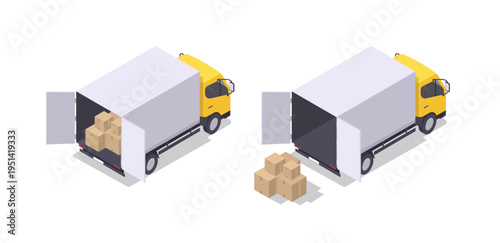Box truck in isometric view isolated. A set of an empty van and a van loaded with boxes. Vector illustration.