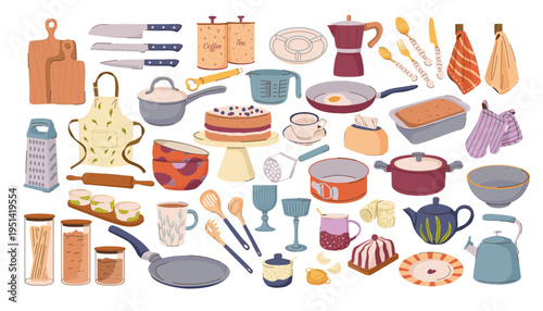 Various kitchen utensils and cookware in flat style on white background showing home cooking tools concept. Vector illustration