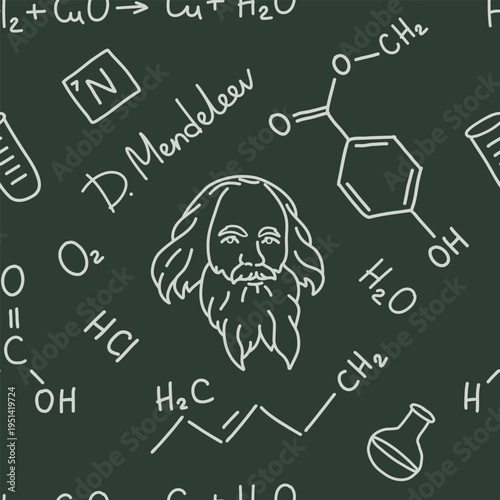 Hand drawn seamless chemical molecular formulas pattern. Vector illustration of student black board with line elements for chemistry education: the chemist Dmitri Mendeleev, test tubes, chemical