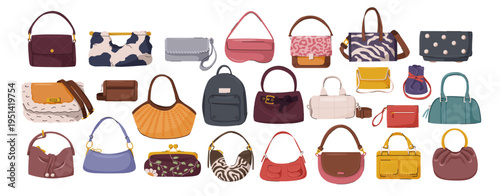Various stylish bags shown in graphic style on a white background, representing fashion accessory concepts. Vector illustration