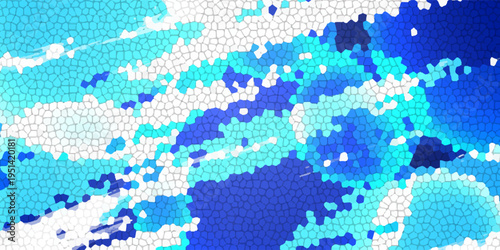 Abstract mosaic background featuring irregular hexagonal tiles in shades of blue, cyan, and white.