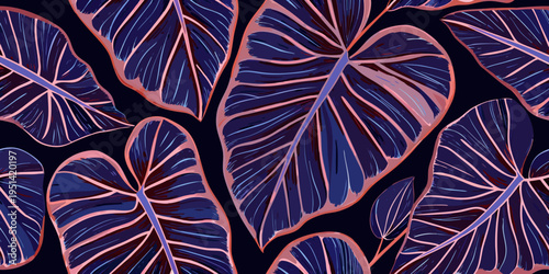 Vibrant tropical leaves in a repeating pattern with neon pink accents