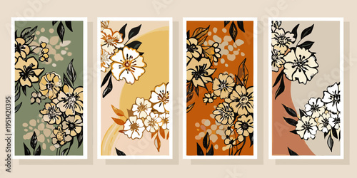 Four botanical wall art prints with abstract floral designs and muted tones