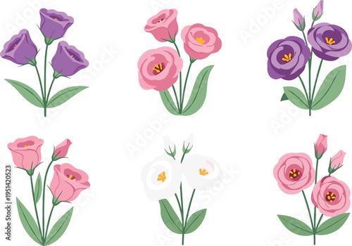 Lisianthus flower bouquet set. Elegant pastel blossoms with buds and leaves. Botanical floral elements for wedding, garden and decorative vector illustration.