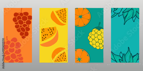 Four vertical panels displaying vibrant illustrations of various fruits