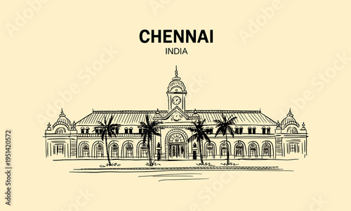 Chennai India historic building with clock tower and palm trees sketch architecture
