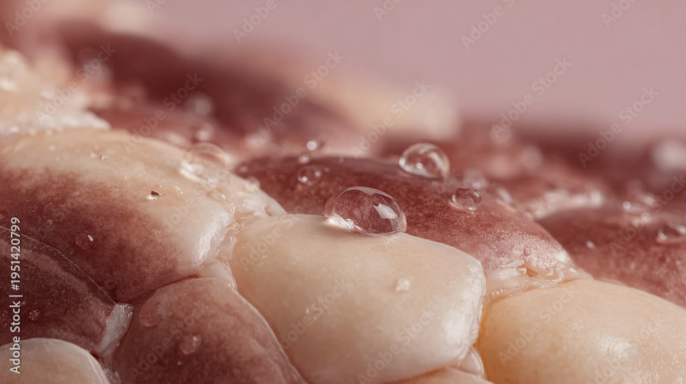 Obraz premium Macro shot of meat or fatty tissue surface with visible droplets, highlighted textures and sheen. 