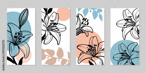 Stylized lily flower sketches arranged in a modern vertical panel design