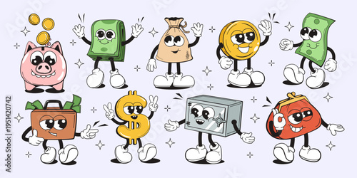 Cartoon money characters in playful comic style on light background symbolizing finance and savings concepts. Vector illustration