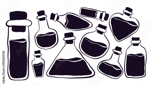 Colorful hand-drawn vector set of magic potion bottles with corks. Isolated on light background, perfect for game assets, UI design, stickers, packaging, posters, and magical themes