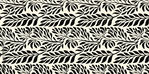 Seamless pattern of stylized black branches and delicate leaves