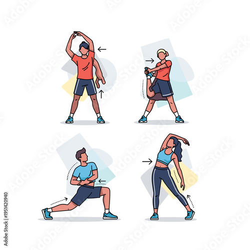 Four people demonstrating different stretching exercises for flexibility and warm-up routines before or after physical activity.