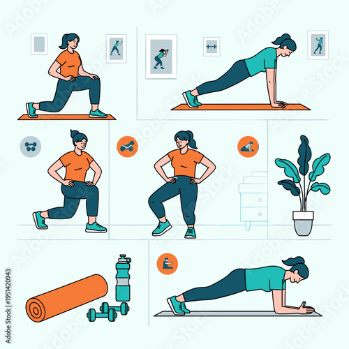 An illustration set depicting a woman performing various exercises at home, including lunges and planks, with fitness equipment like a yoga mat and dumbbells.