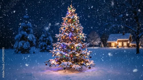 Snowy winter scene featuring a decorated Christmas tree and cozy house