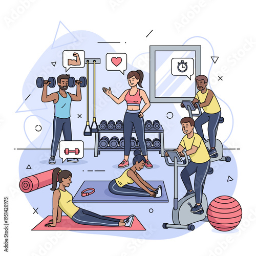 Diverse group of people exercising in a modern gym with a female instructor, featuring various fitness activities and equipment.