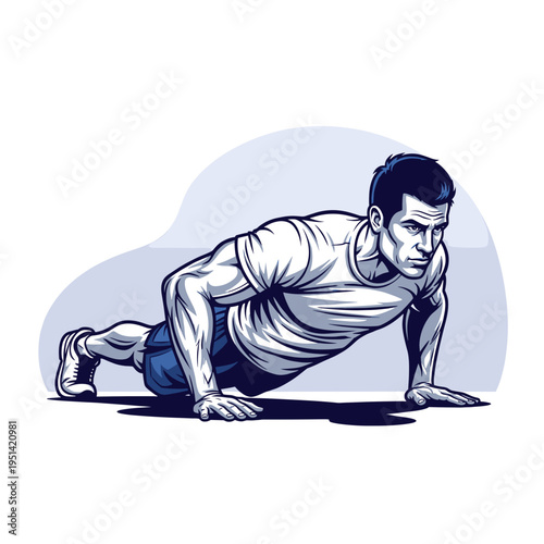 A strong man performing a push-up exercise in a dynamic graphic illustration style.